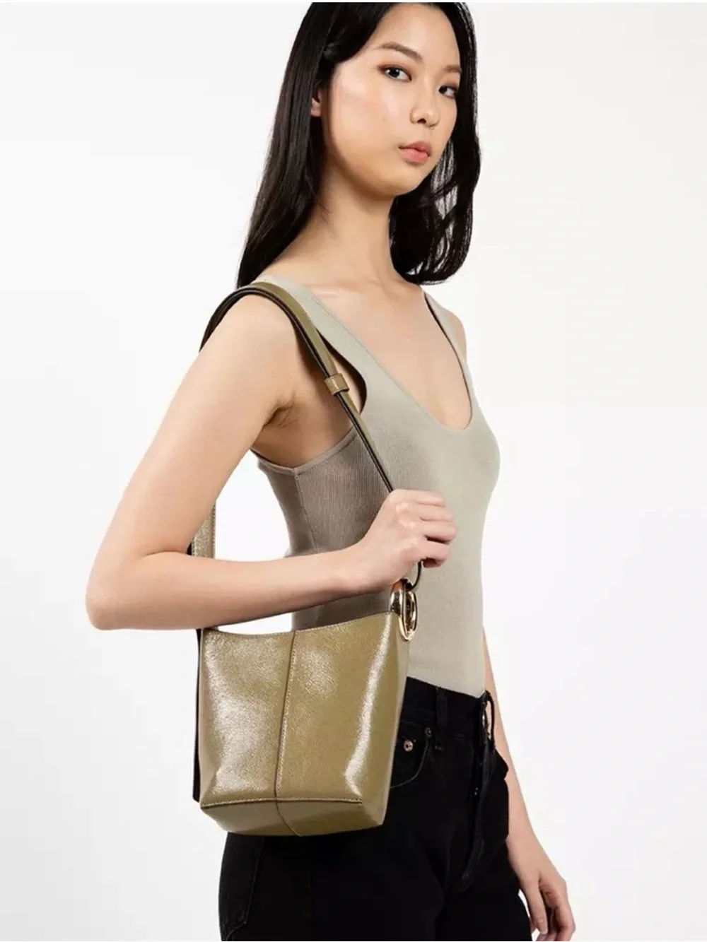 KATE SPADE NWOT HALO LEATHER MINI BUCKET BAG DRIED THYME + MATCHING WALLET